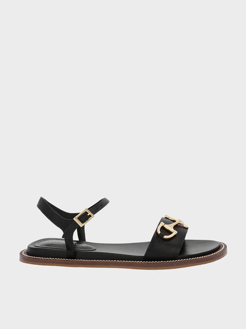 Horsebit Back Strap Sandals, Black, hi-res