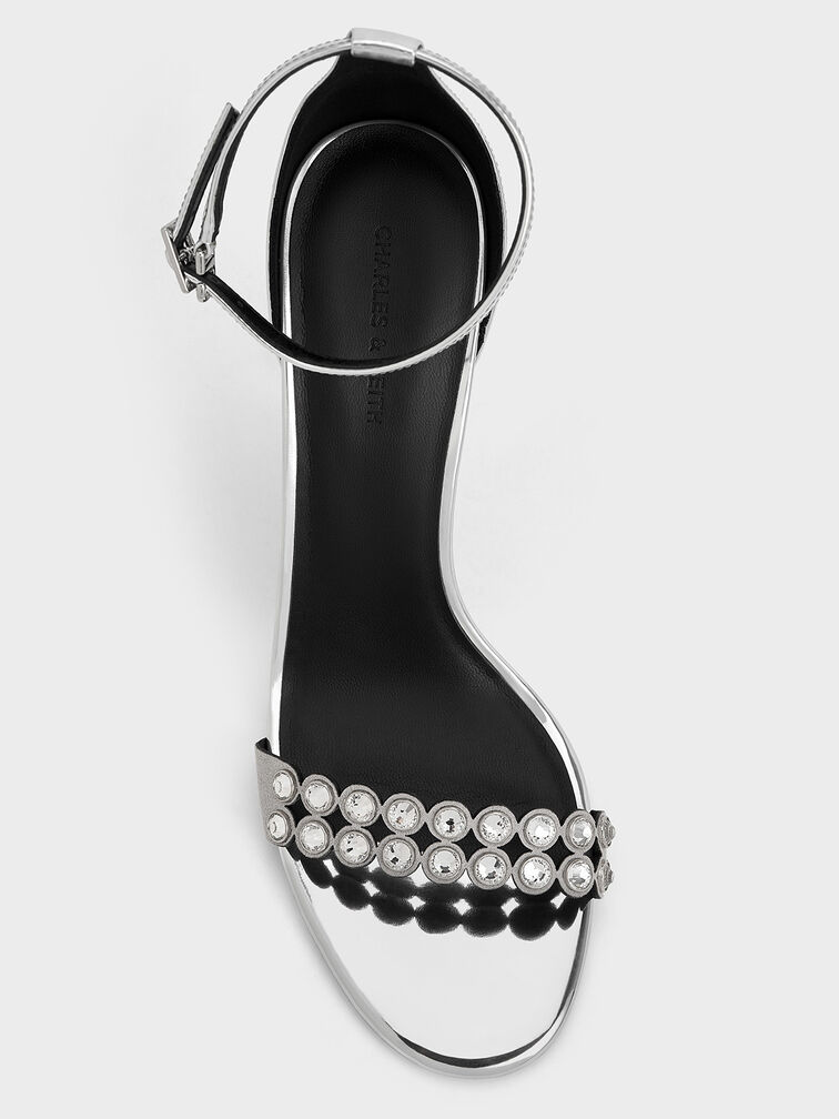 Metallic Crystal-Embellished Heeled Ankle-Strap Sandals, Silver, hi-res