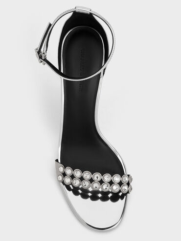 Metallic Crystal-Embellished Heeled Ankle-Strap Sandals, Silver, hi-res
