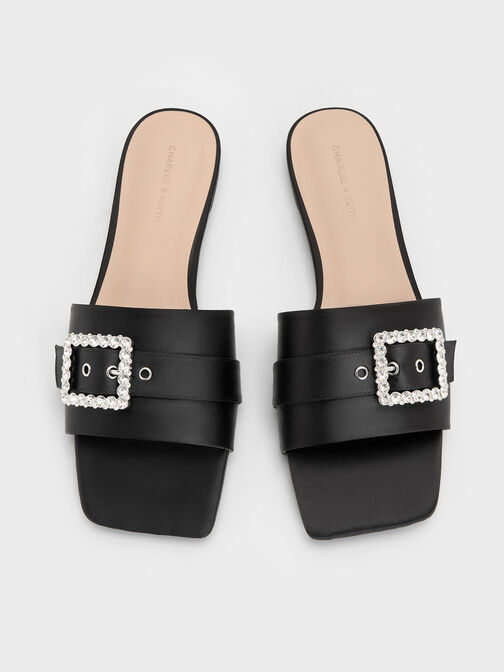 Satin Gem-Buckle Square-Toe Slide Sandals, Black Textured, hi-res