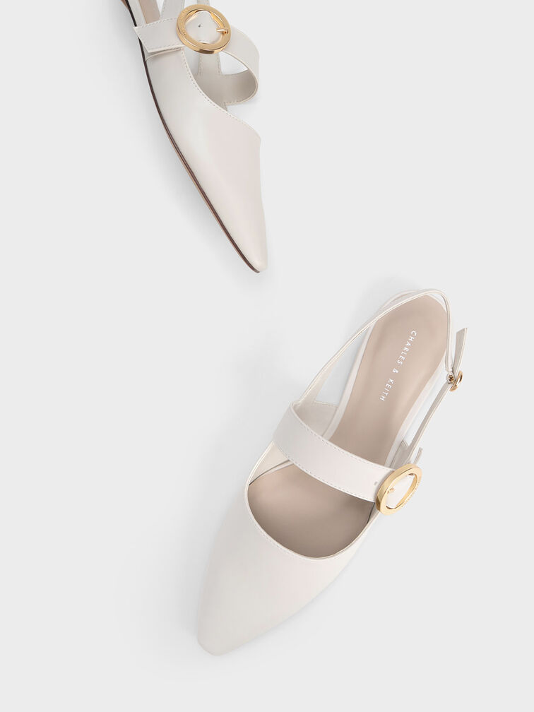 Buckled Strap Slingback Flats, White, hi-res