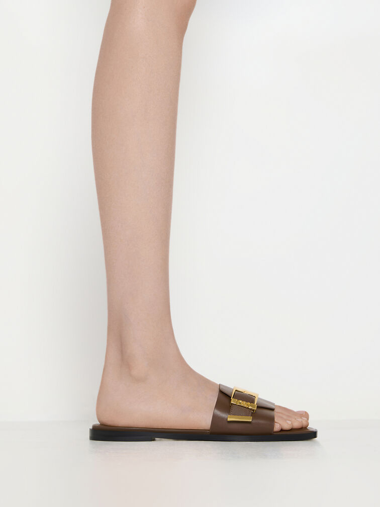 Leather Buckled Square-Toe Slide Sandals, Dark Brown, hi-res