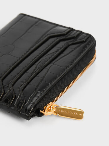 Croc-Embossed Zip-Around Cardholder, Black, hi-res