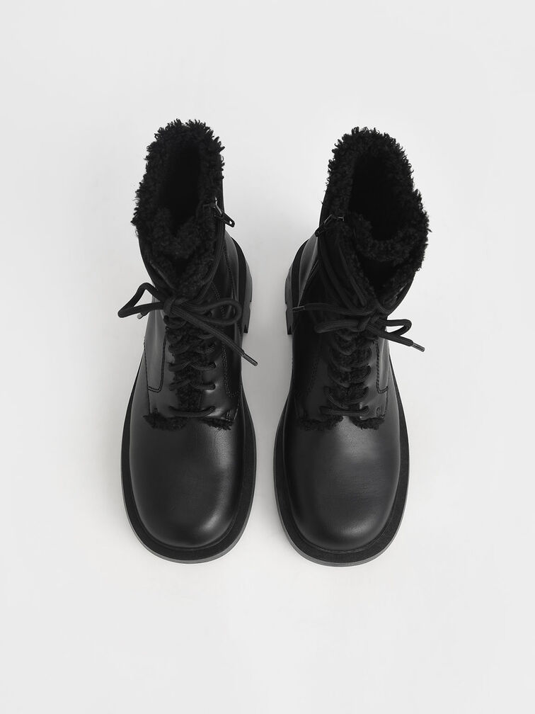 Fur-Trim Lace-Up Ankle Boots, Black, hi-res