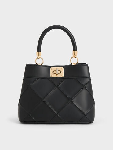 Bolso acolchado Eleni con asa superior, Negro, hi-res