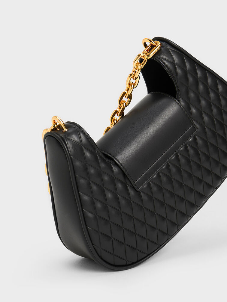 Quinlynn Curved Shoulder Bag, Black, hi-res