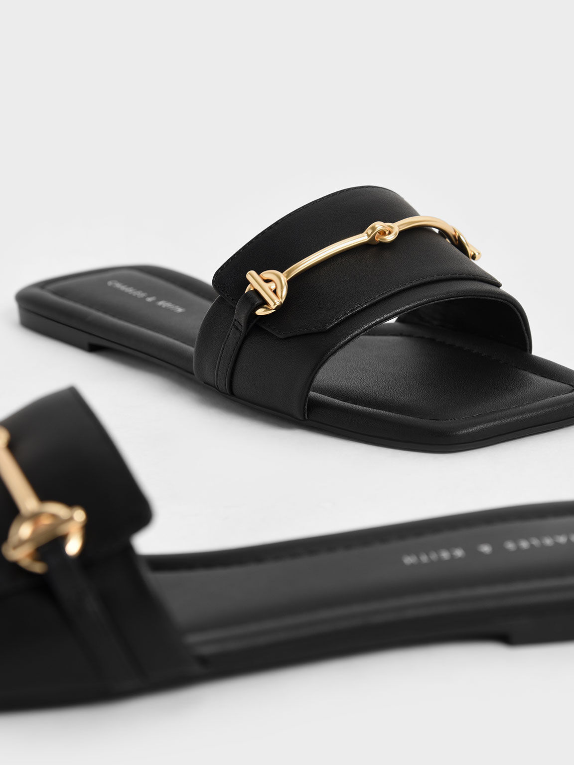 Metallic Accent Slide Sandals, Black, hi-res