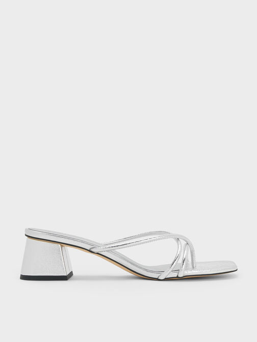 Metallic Strappy Toe-Ring Block-Heel Sandals, Silver, hi-res