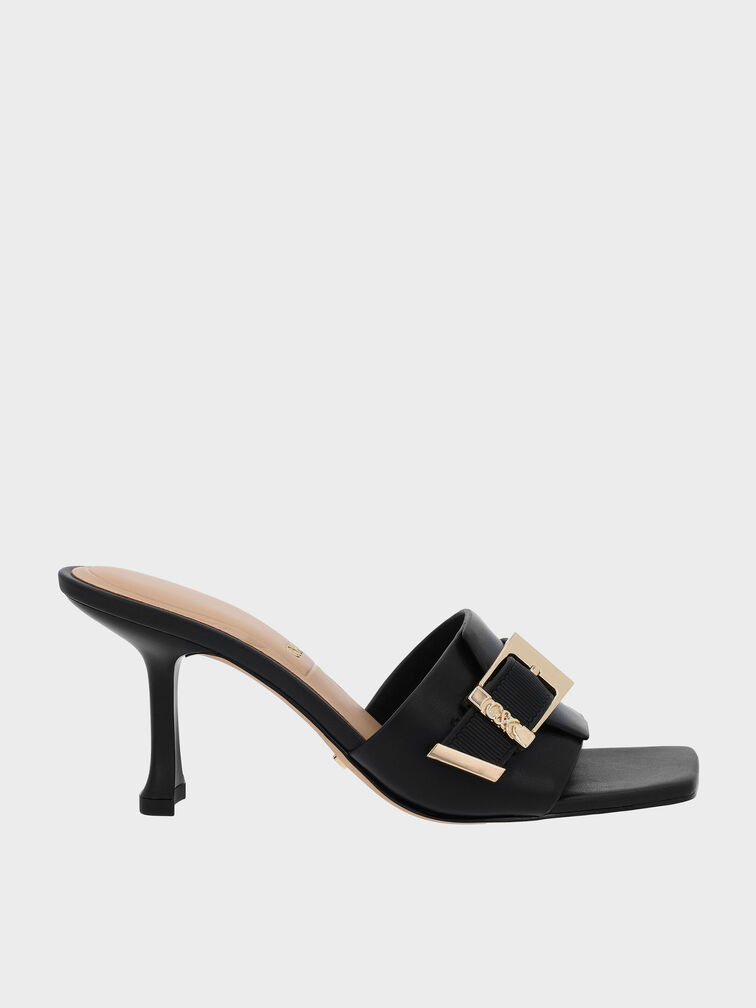 Whitney Leather Buckled Heeled Mules, Black, hi-res