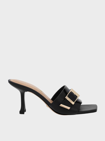 Whitney Leather Buckled Heeled Mules, Black, hi-res