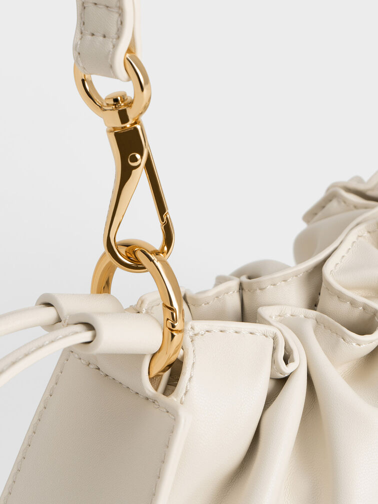 Ruched Chain Handle Drawstring Bag, Chalk, hi-res