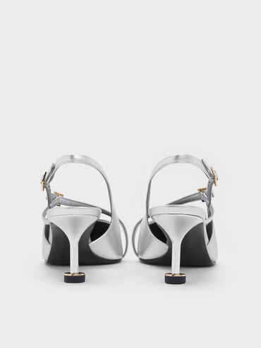Wynn Metallic Buckled Sculptural-Heel Slingback Pumps, Silver, hi-res