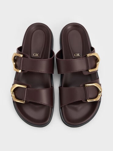 Gabine Gold-Buckle Leather Slides, Plum, hi-res