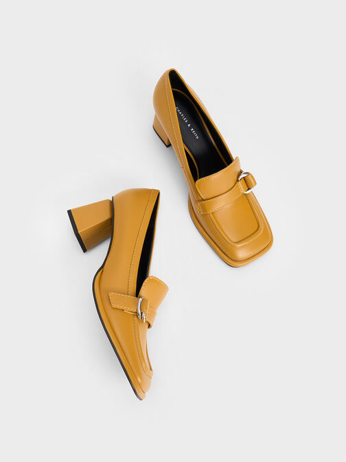 Metallic Buckle Penny Loafers, Mustard, hi-res