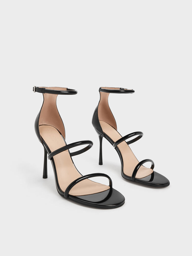 Patent Leather Triple Strap Heeled Sandals, Black Patent, hi-res