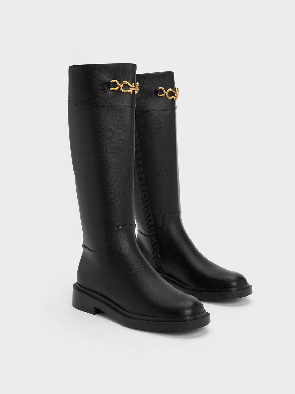 Black Metallic Chain Accent Knee-High Boots - CHARLES & KEITH LK