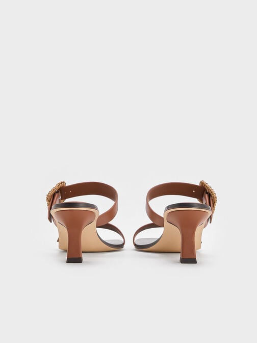 Woven-Buckle Heeled Mules, Brown, hi-res