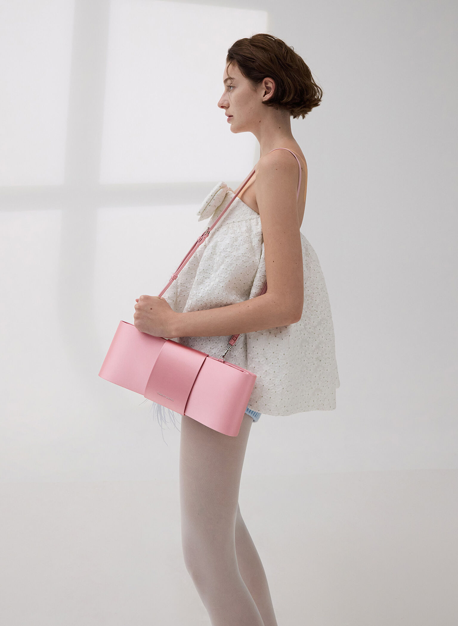 Satin Bow Elongated Shoulder Bag, Rosa flamenco, hi-res