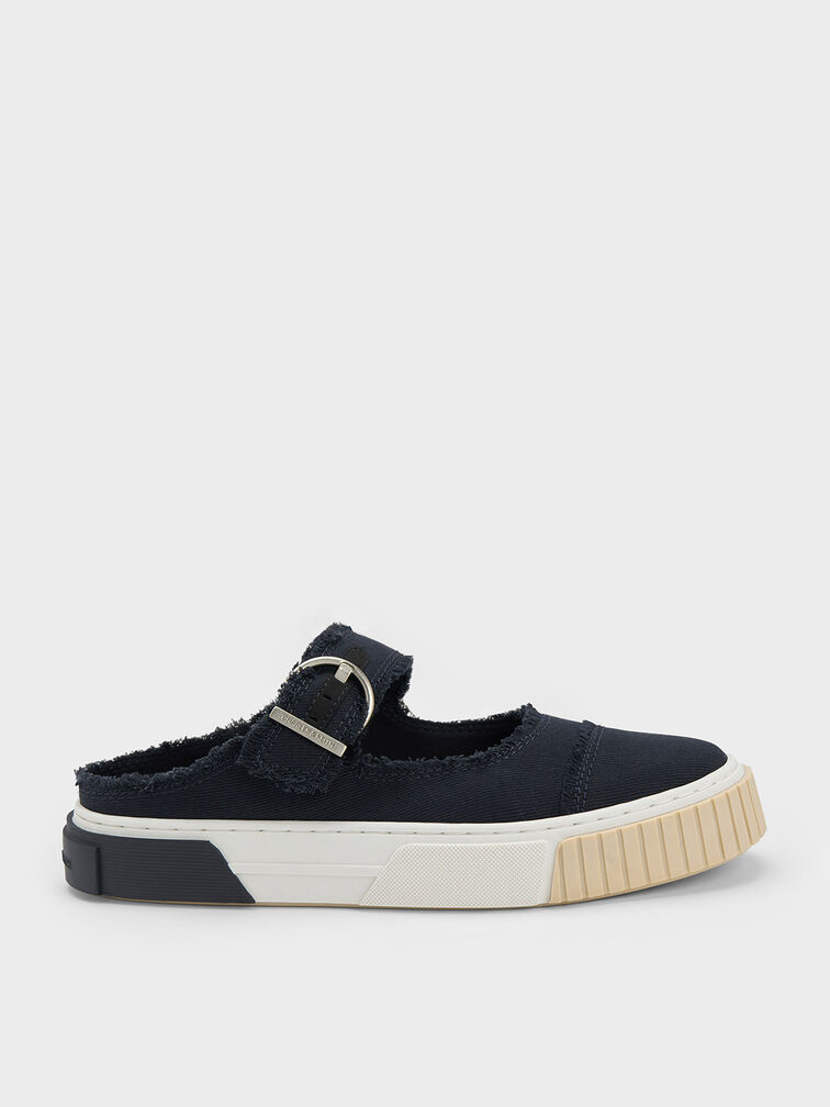 Denim Buckled Slip-On Sneakers, Dark Blue, hi-res