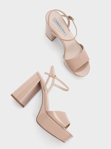 Halle Peep-Toe Patent Platform Sandals, Nude, hi-res