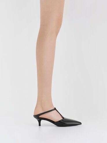 T-Bar Pointed-Toe Kitten-Heel Mules, Black Box, hi-res