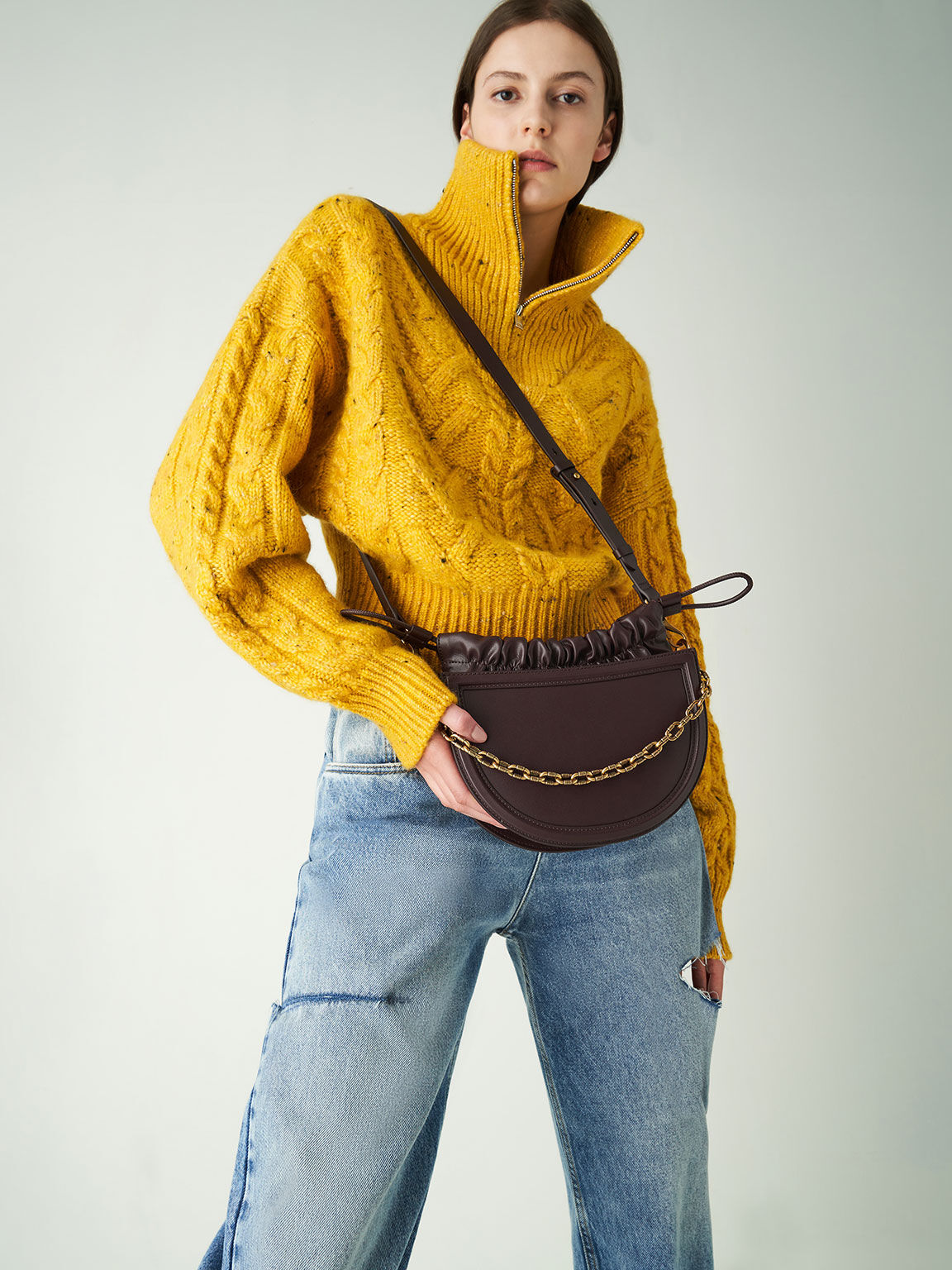 Solange Ruched Chain Handle Crescent Bag, Dark Oak, hi-res