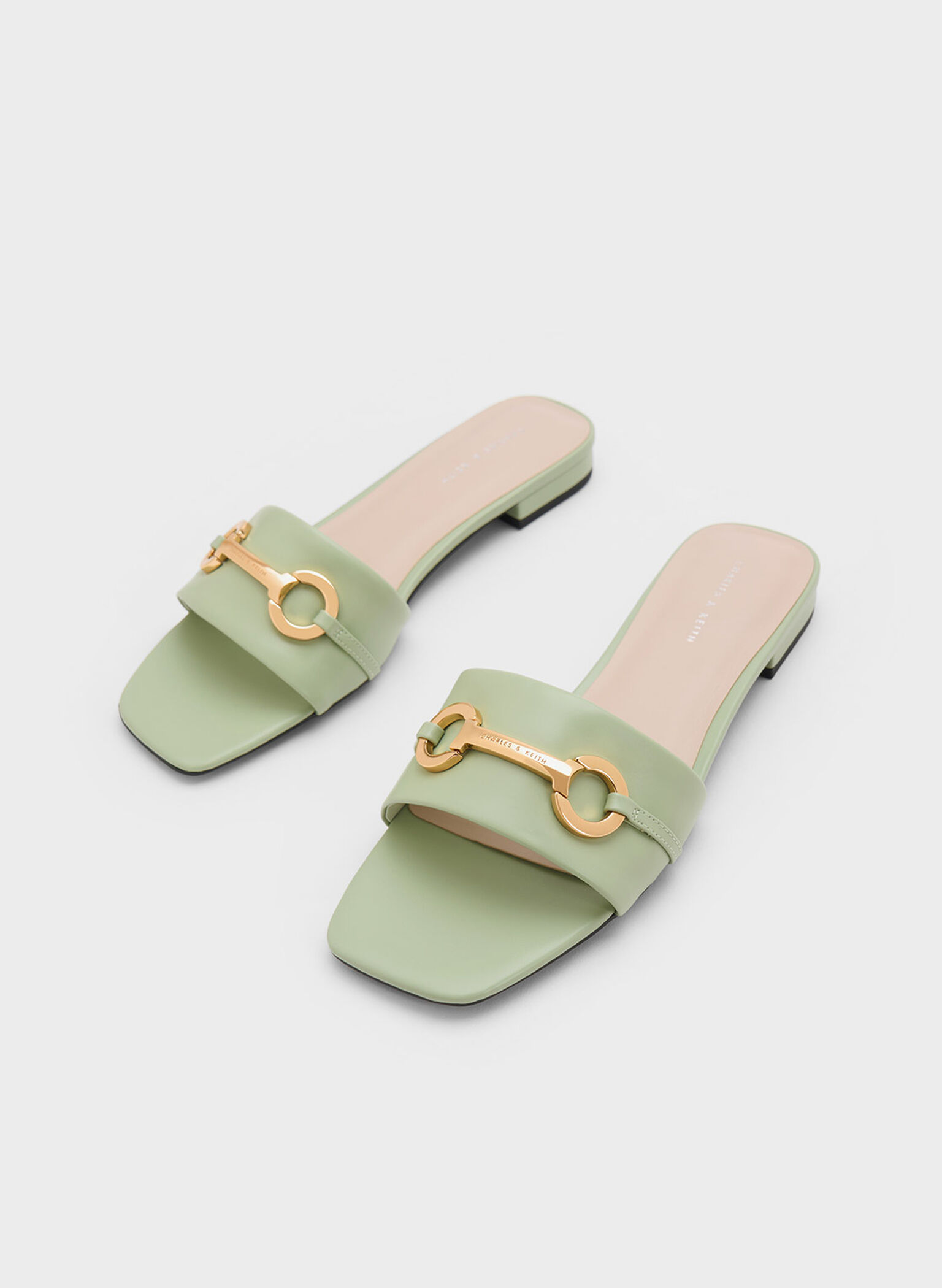 Sage Green Metallic Bar Slide Sandals - CHARLES & KEITH US