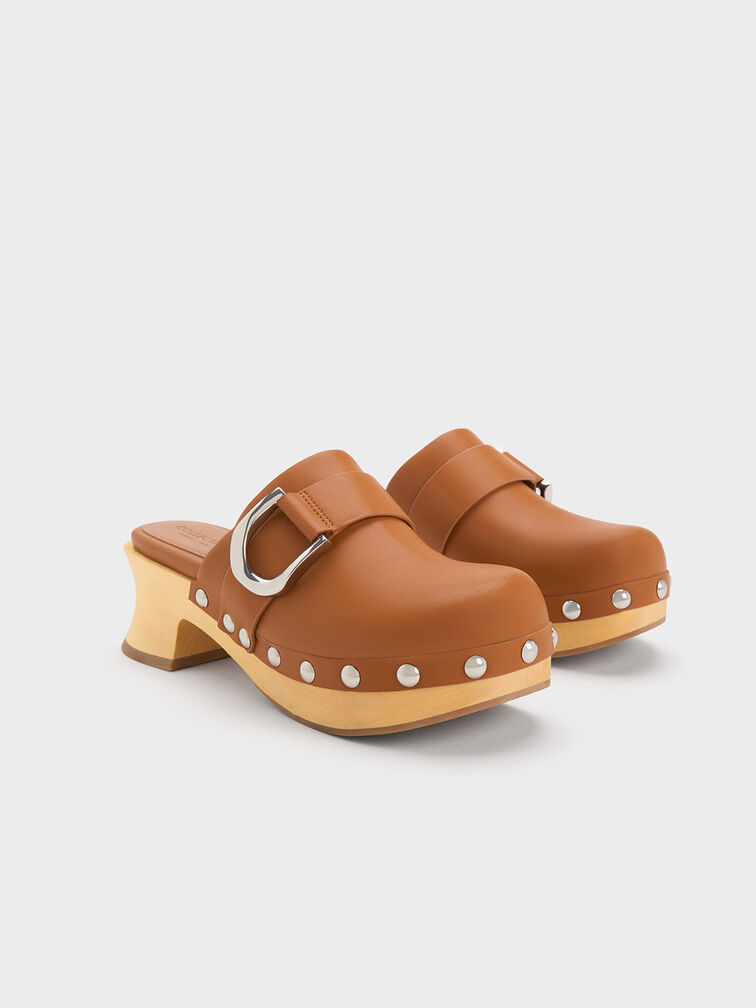 Gabine Studded Leather Clogs, Brown, hi-res