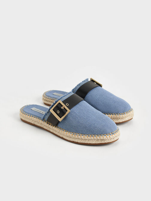 Buckled Denim Espadrille Mules, Blue, hi-res