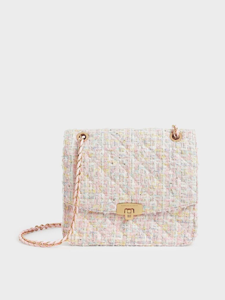 Bolso de tweed con correa de cadena, Rosa, hi-res