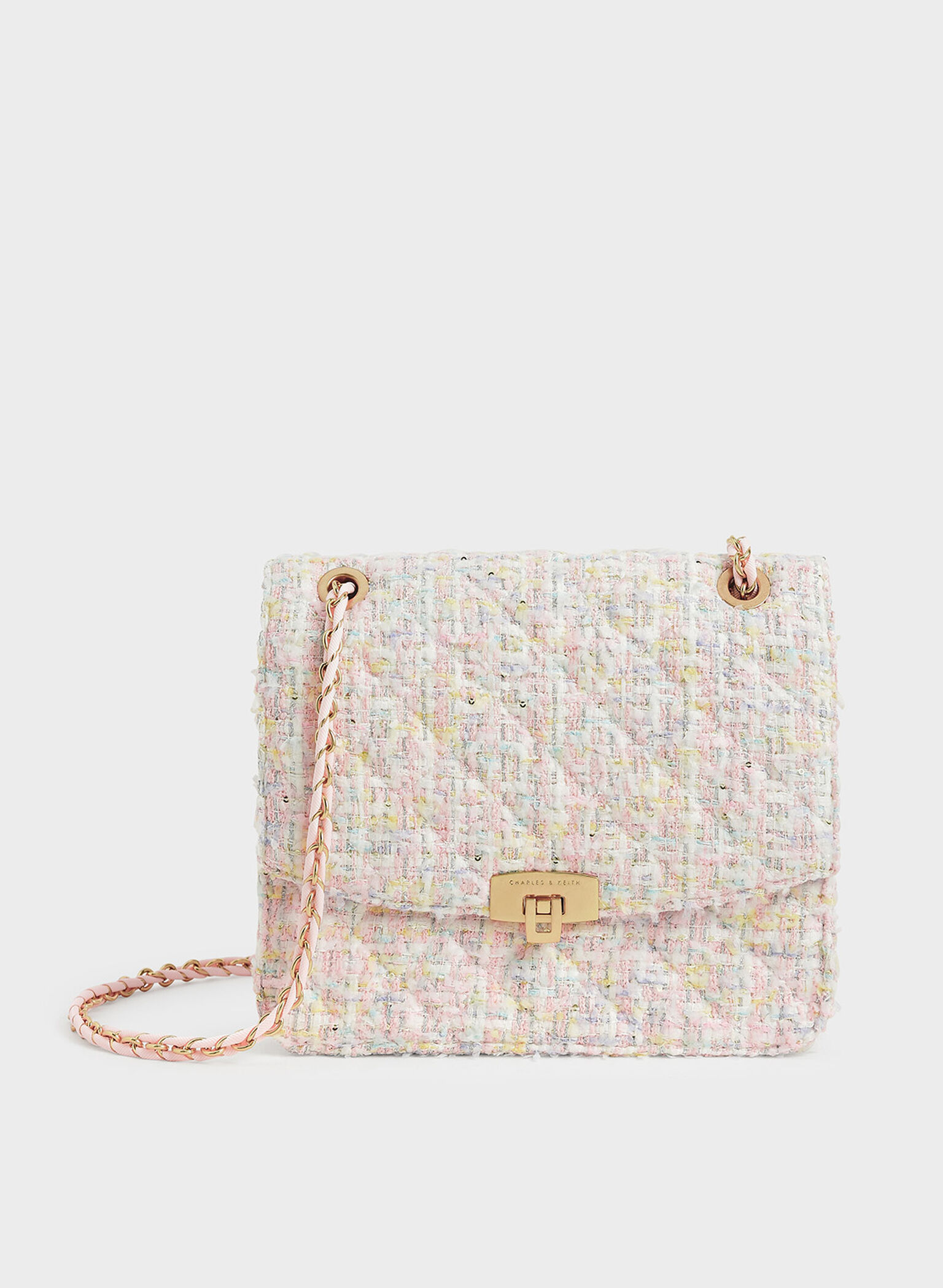 Tweed Chain Strap Bag, Pink, hi-res