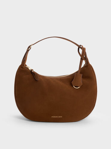 Large Vega Faux Suede Hobo Bag, Pecan Brown, hi-res