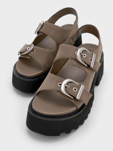 Sandalias de plataforma destalonadas con tira posterior Nadine en antelina, Gris pardo, hi-res