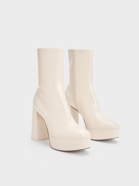 Patent Platform Side-Zip Ankle Boots, Beige, hi-res