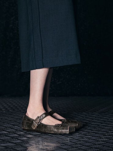 Myler Crinkle-Effect Bow Square-Toe Buckled Mary Janes, Dark Brown, hi-res