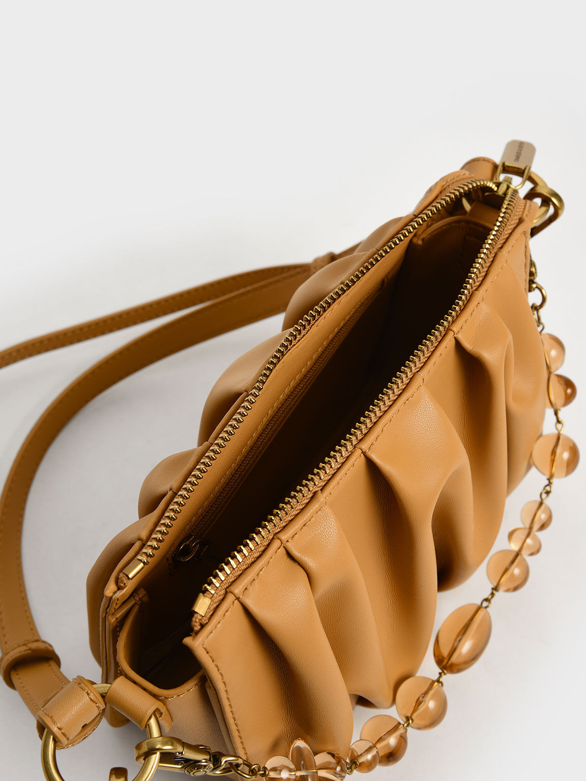 Ruched Bead-Handle Shoulder Bag, Orange, hi-res