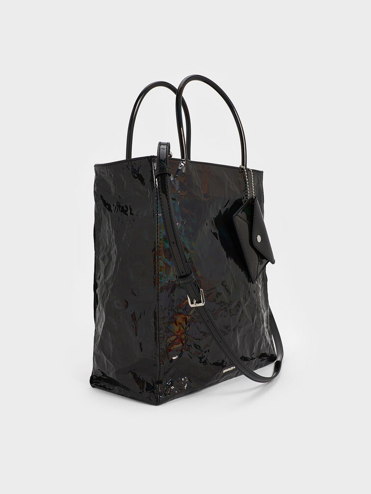 Large Matina Patent Crinkle-Effect Elongated Tote Bag, Prism Noir, hi-res