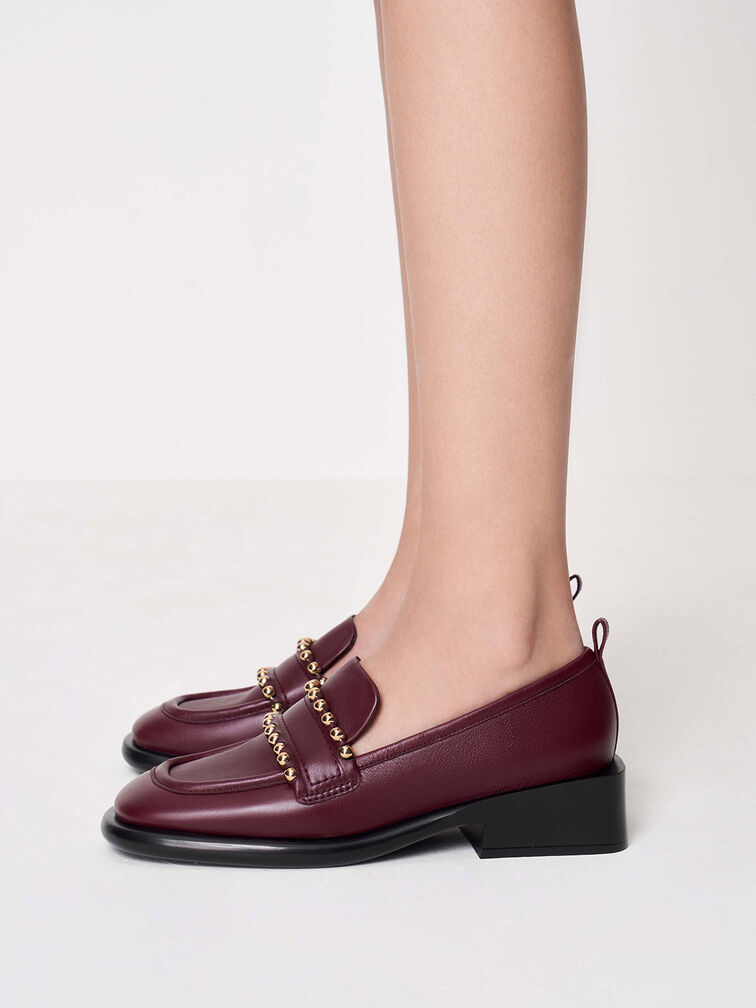 Studded Leather Penny Loafers, Prune, hi-res