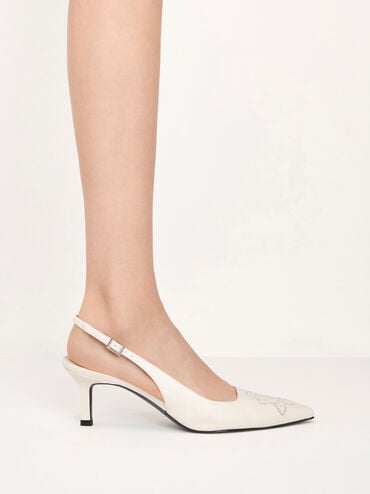 Perforated Rose Pointed-Toe Kitten-Heel Slingback Pumps, Chalk, hi-res