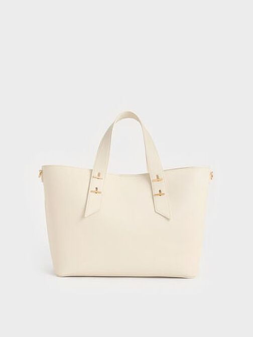 Metallic-Accent Double Handle Bag, Cream, hi-res