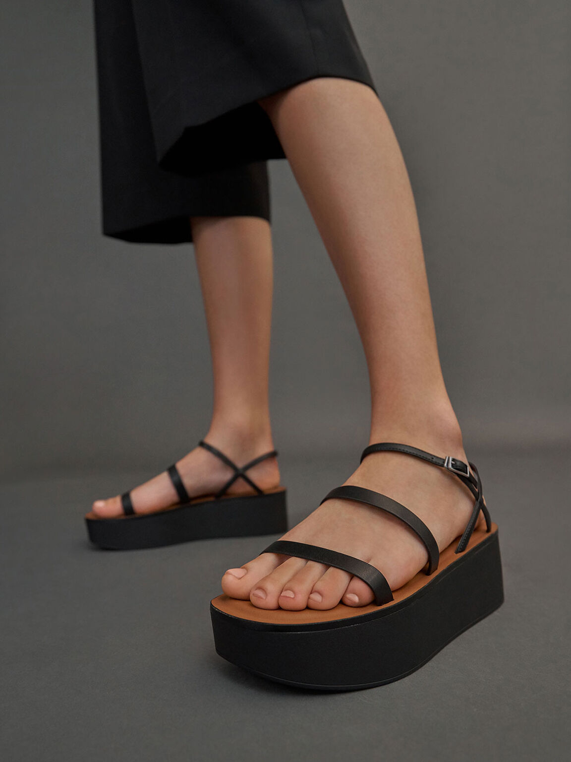 Strappy Flatform Sandals, Black, hi-res