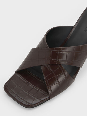 Georgina Croc-Effect Crossover-Strap Blade-Heel Mules, Animal Print Brown, hi-res