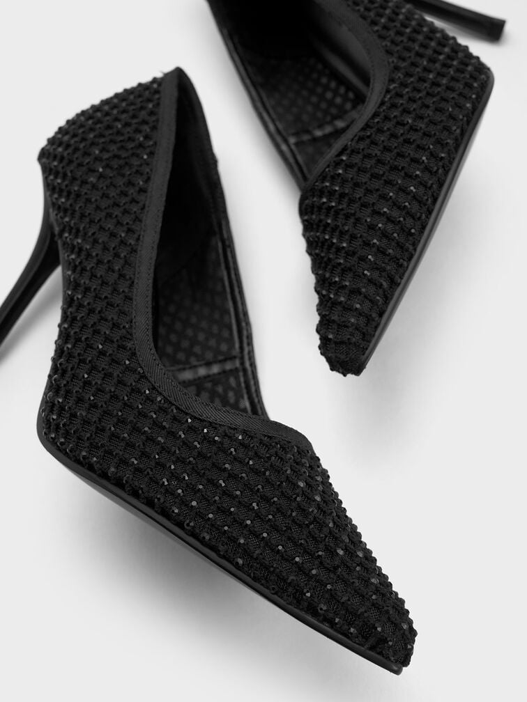 網紗水晶尖頭細跟鞋, 黑色特別款, hi-res