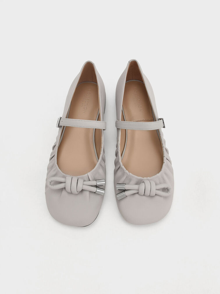 Leather Knotted Ruched Mary Jane Flats, Grey, hi-res