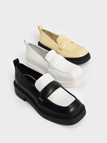 Two-Tone Platform Penny Loafers, Black, hi-res