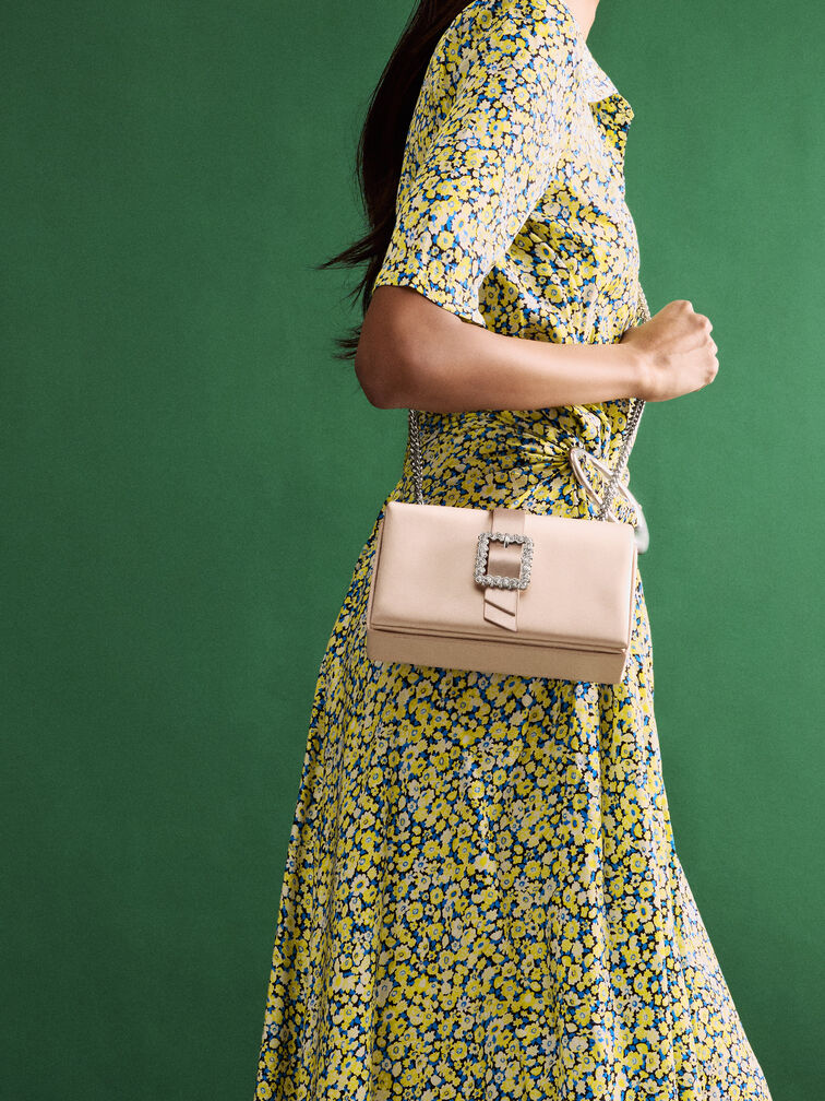 Satin Crystal-Buckle Belted Chain-Handle Bag, Sunset Nude, hi-res