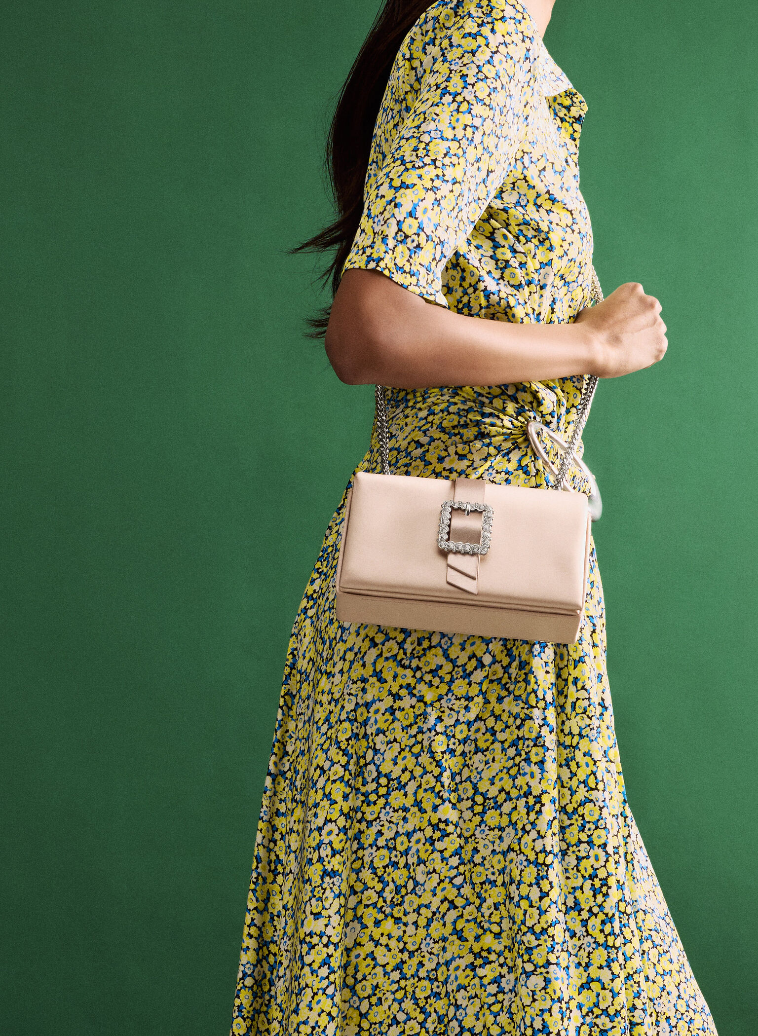 Satin Crystal-Buckle Belted Chain-Handle Bag, Sunset Nude, hi-res