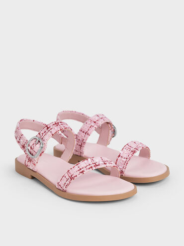 Girls' Tweed Crystal-Buckle Double-Strap Slingback Sandals, Pink, hi-res