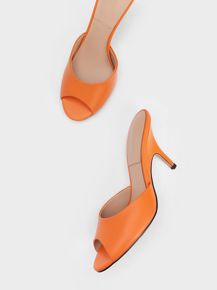 Leather Round-Toe Heeled Mules, Orange, hi-res