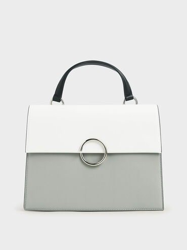 Ring Detail Large Top Handle Bag, Grey, hi-res